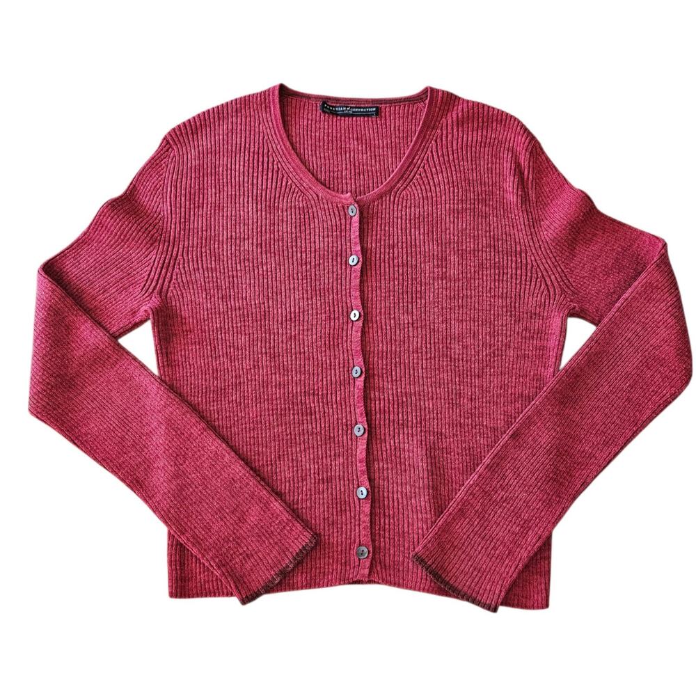 Women's Peruvian Connection Ribbed Cardigan Sweater Maroon 100% Pima Cotton L